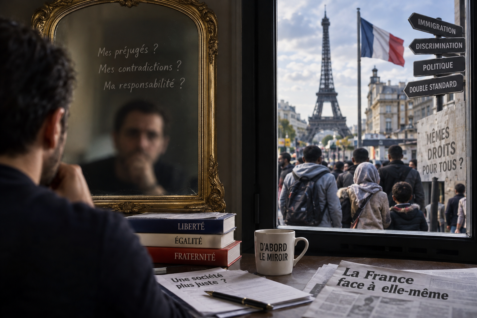 Un homme entre un miroir et une fenêtre, métaphore du regard sur soi et sur les autres